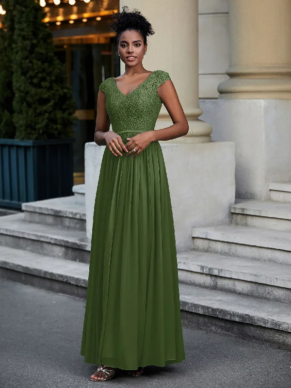 Lace and Chiffon Maxi Dress with Cap Sleeves-Moss Fashionable Off-Shoulder Maxi Dress