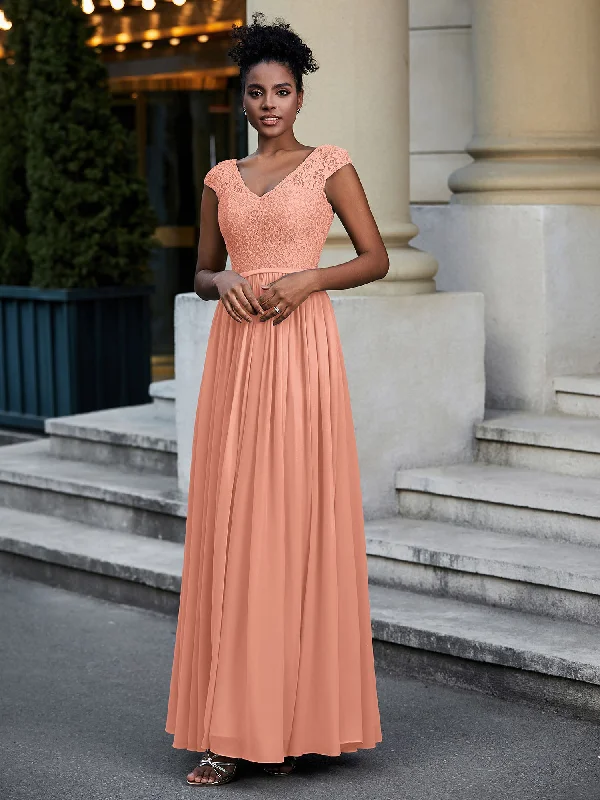 Lace and Chiffon Maxi Dress with Cap Sleeves-Papaya Stylish One-Shoulder Maxi Dress