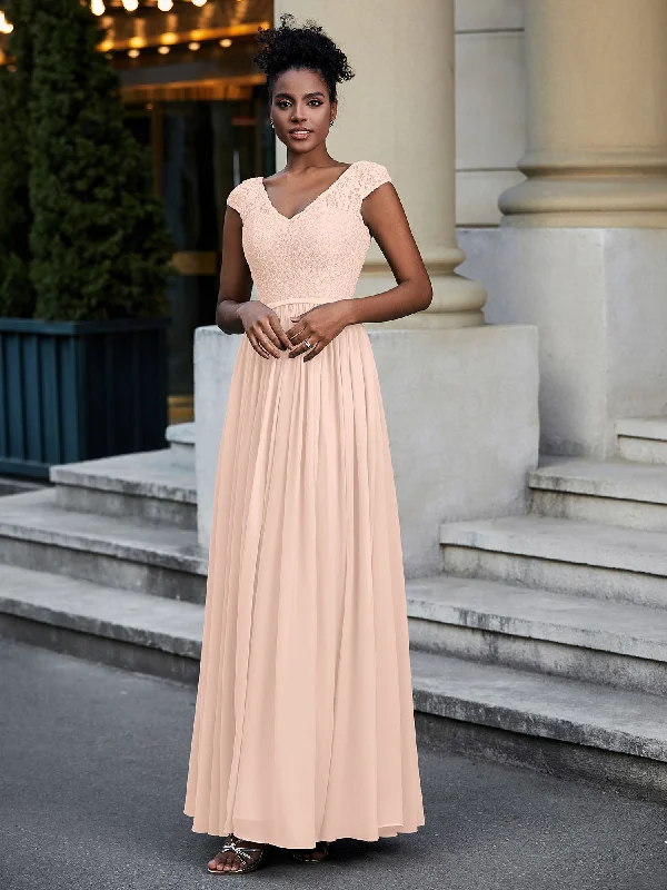 Lace and Chiffon Maxi Dress with Cap Sleeves-Pearl Pink Casual Maxi Dress with Pockets