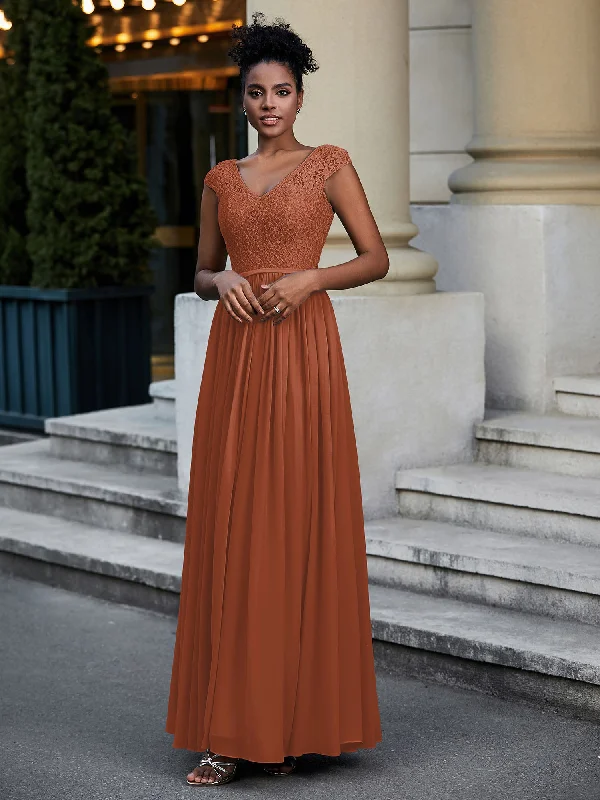 Lace and Chiffon Maxi Dress with Cap Sleeves-Rust Fashionable Printed Maxi Dress