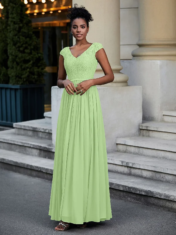 Lace and Chiffon Maxi Dress with Cap Sleeves-Sage Comfortable Fitted Maxi Dress