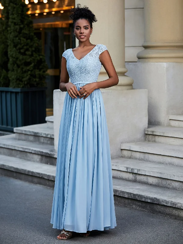 Lace and Chiffon Maxi Dress with Cap Sleeves-Sky Blue Elegant Floral Maxi Dress