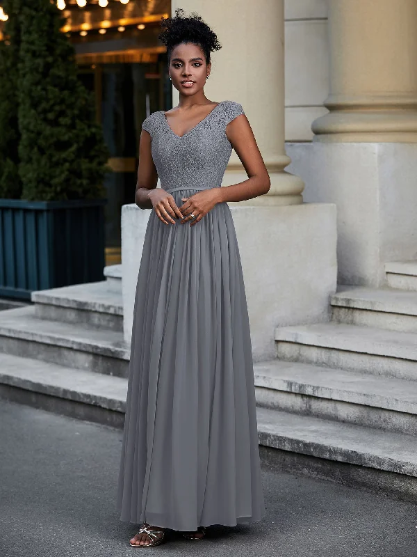 Lace and Chiffon Maxi Dress with Cap Sleeves-Steel Grey Fashionable Sheer Maxi Dress