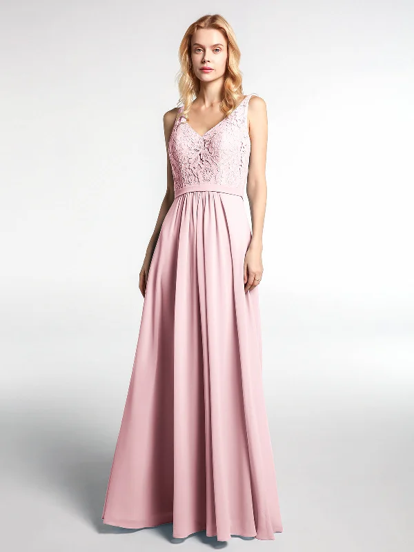 Lace Bodice Chiffon Skirt Maxi Dress with V-neck-Blushing Pink Comfortable Bohemian Maxi Dress