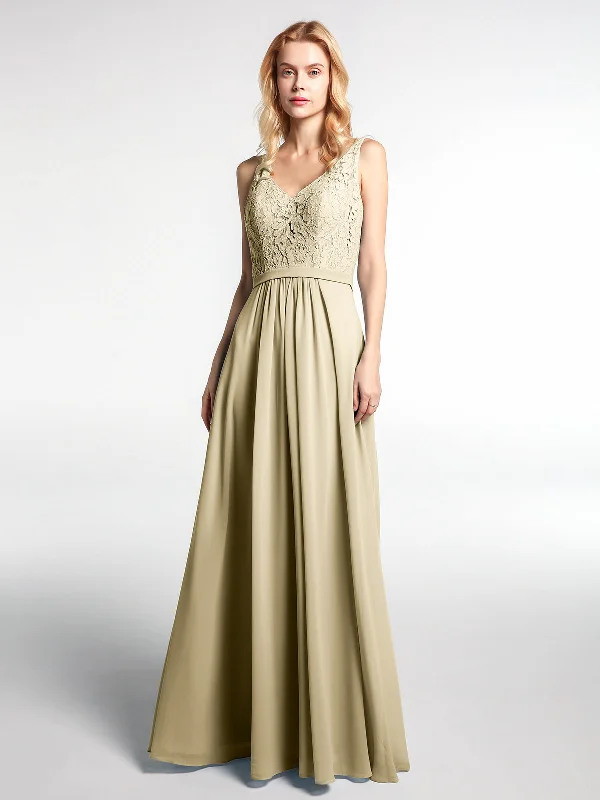 Lace Bodice Chiffon Skirt Maxi Dress with V-neck-Champagne Fashionable Open-Back Maxi Dress