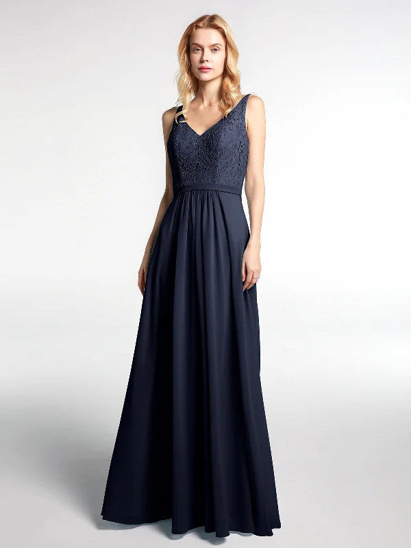 Lace Bodice Chiffon Skirt Maxi Dress with V-neck-Dark Navy Fashionable Faux Wrap Maxi Dress