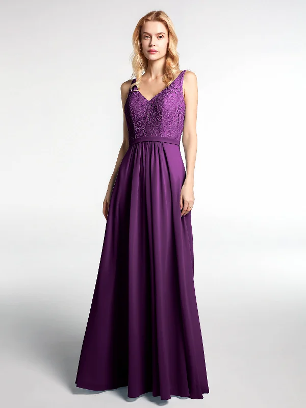 Lace Bodice Chiffon Skirt Maxi Dress with V-neck-Grape Comfortable Pleated Maxi Dress