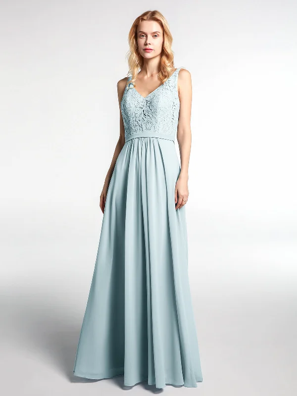 Lace Bodice Chiffon Skirt Maxi Dress with V-neck-Mist Elegant Floral Maxi Dress