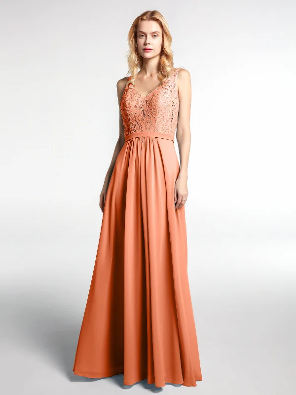 Lace Bodice Chiffon Skirt Maxi Dress with V-neck-Papaya Fashionable Open-Back Maxi Dress