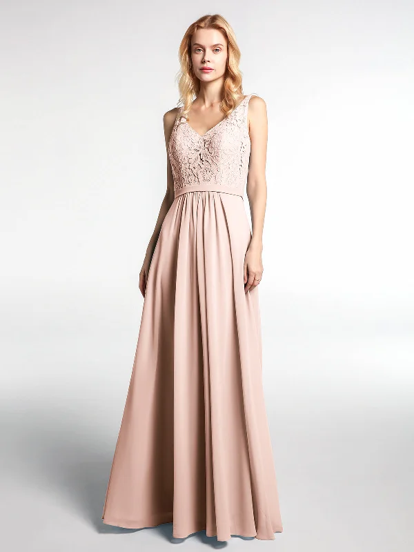 Lace Bodice Chiffon Skirt Maxi Dress with V-neck-Pearl Pink Fashionable Layered Maxi Dress