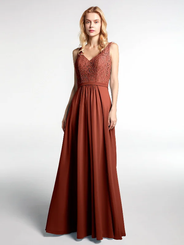 Lace Bodice Chiffon Skirt Maxi Dress with V-neck-Rust Chic Summer Floral Maxi Dress