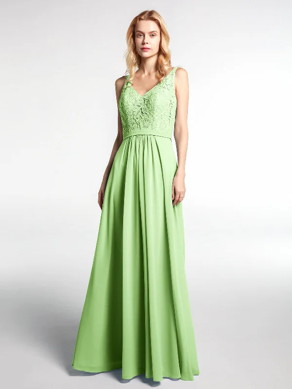 Lace Bodice Chiffon Skirt Maxi Dress with V-neck-Sage Casual Maxi Dress with Pockets