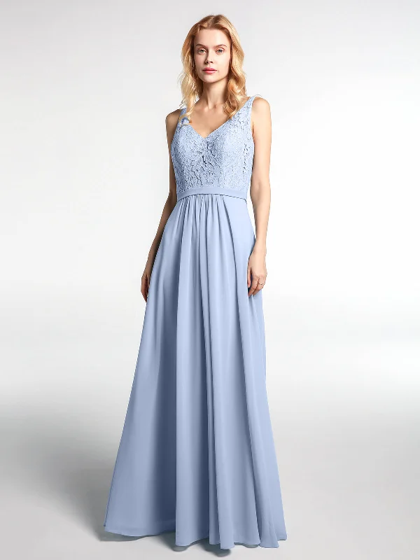 Lace Bodice Chiffon Skirt Maxi Dress with V-neck-Sky Blue Stylish Button-Up Maxi Dress