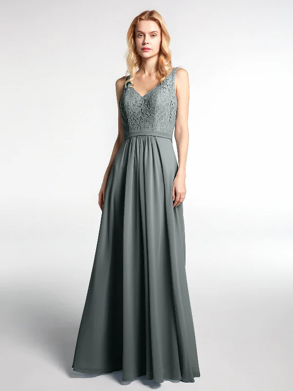 Lace Bodice Chiffon Skirt Maxi Dress with V-neck-Steel Grey Comfortable Bohemian Maxi Dress