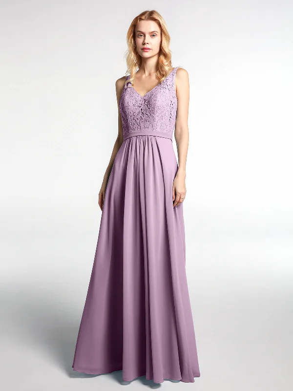 Lace Bodice Chiffon Skirt Maxi Dress with V-neck-Wisteria Trendy Maxi Dress with Bow