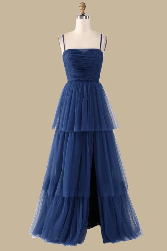 Navy Blue Spaghetti Strap Tiered Maxi Dress with Slit Cozy Longline Maxi Dress