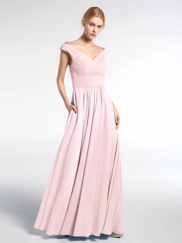 Off shoulder V-neck Maxi Dress with Pockets-Blushing Pink Cozy Knitted Maxi Dress