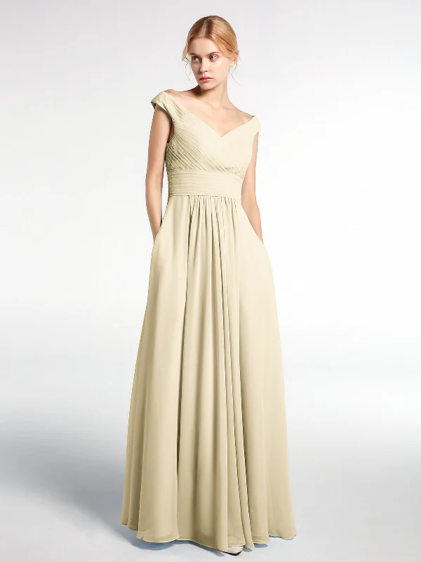 Off shoulder V-neck Maxi Dress with Pockets-Champagne Fashionable Open-Back Maxi Dress