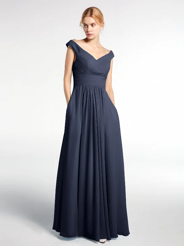 Off shoulder V-neck Maxi Dress with Pockets-Dark Navy Fashionable Chiffon Tiered Maxi Dress