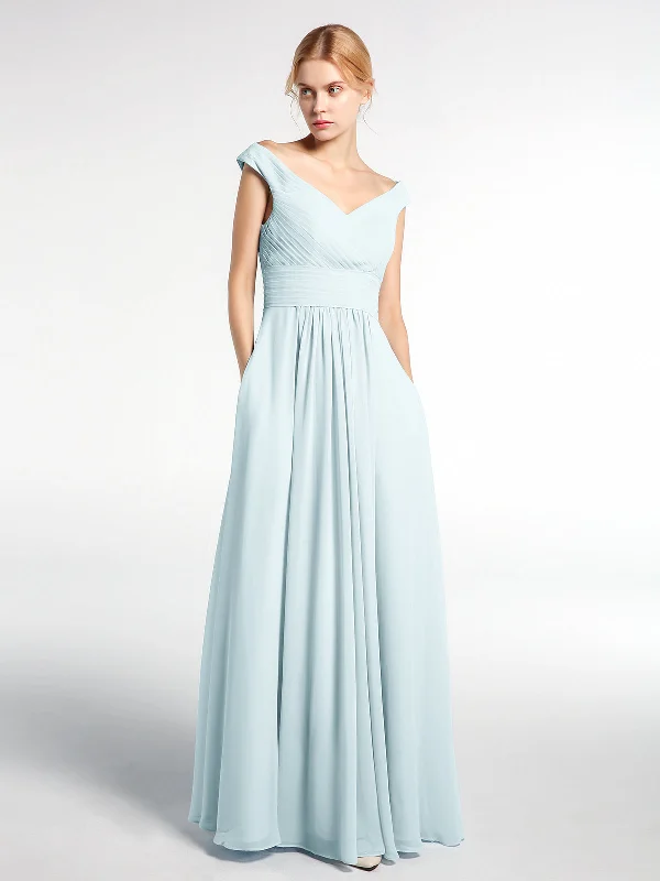 Off shoulder V-neck Maxi Dress with Pockets-Mist Classic Solid Maxi Dress