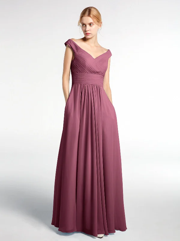 Off shoulder V-neck Maxi Dress with Pockets-Mulberry Trendy Maxi Dress with Straps