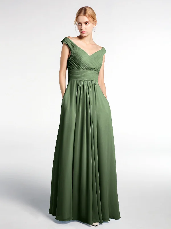 Off shoulder V-neck Maxi Dress with Pockets-Olive Green Comfortable Maxi Dress with Slits