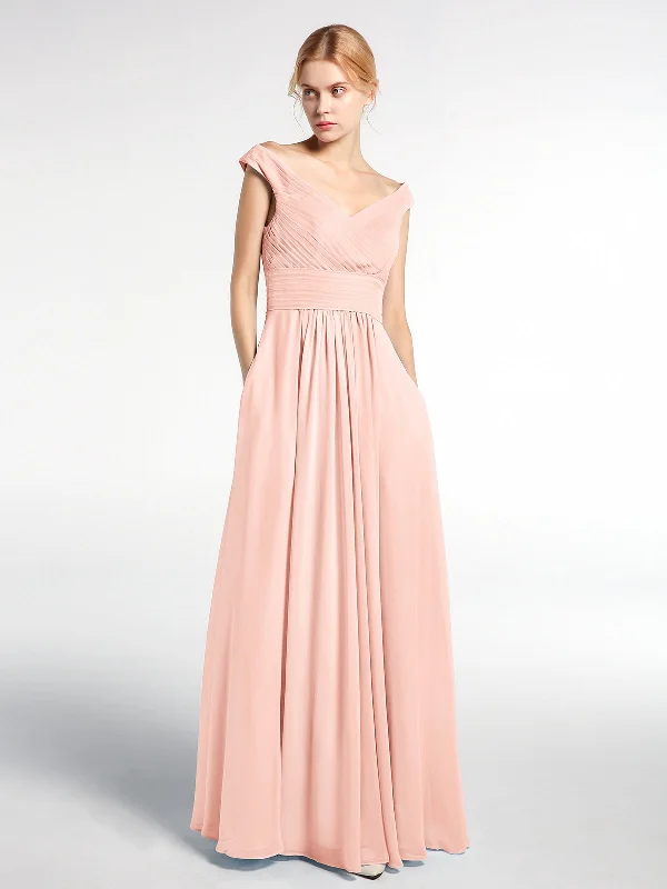 Off shoulder V-neck Maxi Dress with Pockets-Pearl Pink Elegant Maxi Dress with Belt