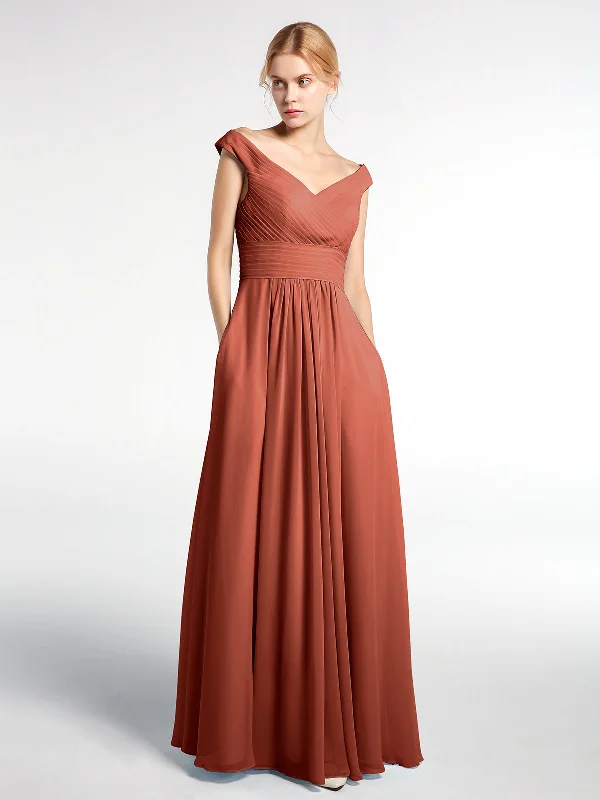 Off shoulder V-neck Maxi Dress with Pockets-Rust Fashionable High-Low Maxi Dress