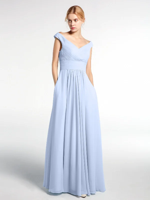 Off shoulder V-neck Maxi Dress with Pockets-Sky Blue Elegant Maxi Dress with Slit