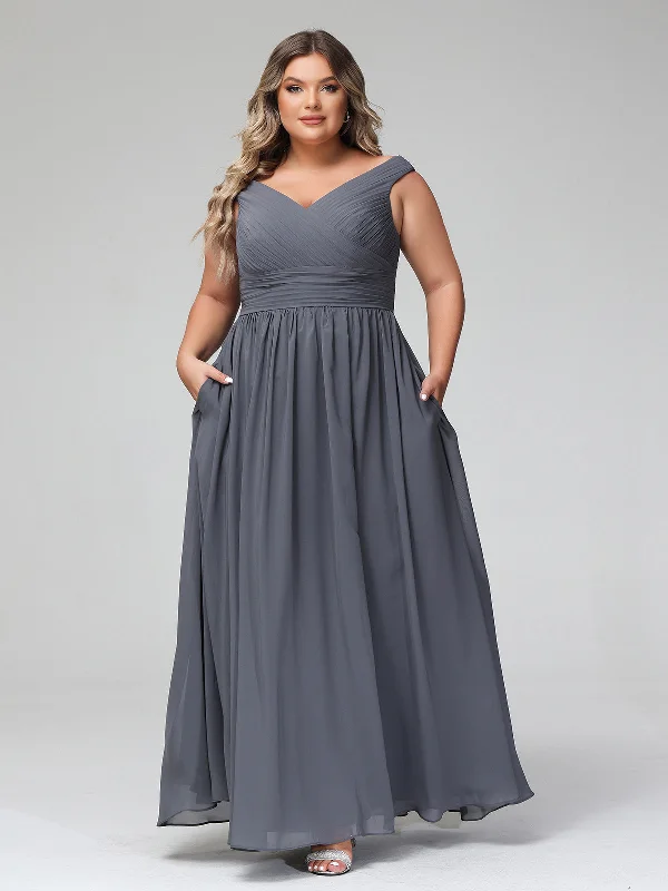 Off shoulder V-neck Maxi Dress with Pockets-Steel Grey Trendy Printed Maxi Dress