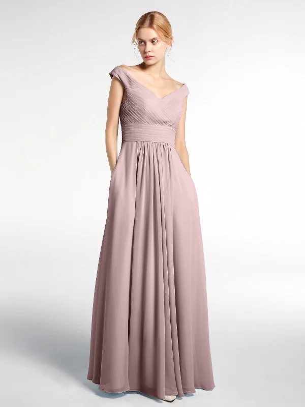 Off shoulder V-neck Maxi Dress with Pockets-Vintage Mauve Elegant Sleeveless Maxi Dress