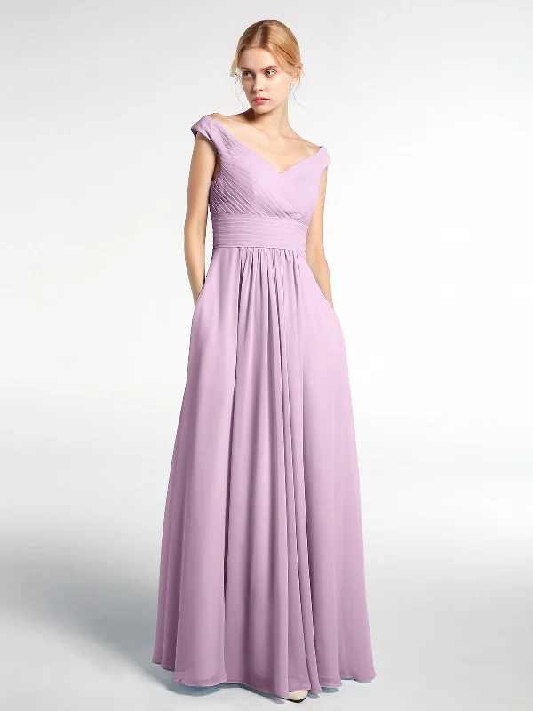 Off shoulder V-neck Maxi Dress with Pockets-Wisteria Stylish Empire Waist Maxi Dress