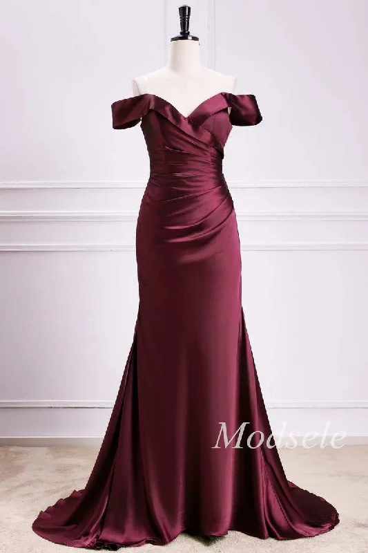 Off-the-Shoulder Pleated Trumpet Maxi Dress in Burgundy Stylish Off-Shoulder Maxi Dress