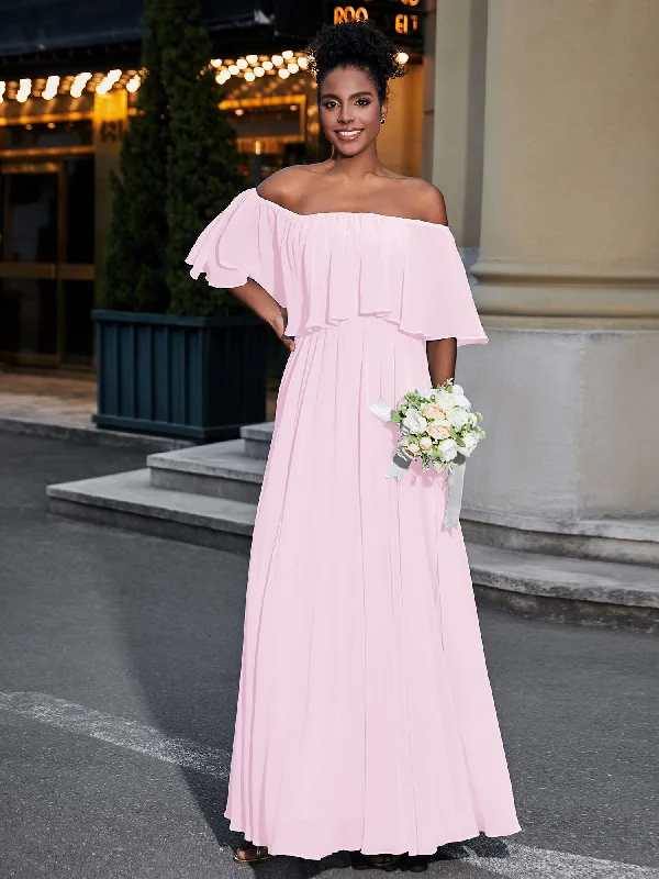 Off the Shoulder Ruffles Chiffon Maxi Dress-Blushing Pink Elegant Pleated Maxi Dress