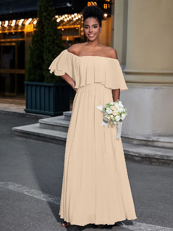 Off the Shoulder Ruffles Chiffon Maxi Dress-Champagne Trendy Fit-and-Flare Maxi Dress