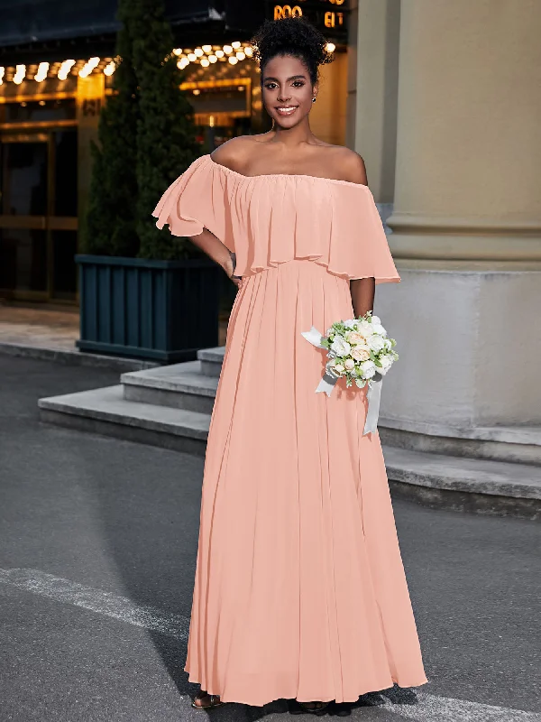 Off the Shoulder Ruffles Chiffon Maxi Dress-Coral Fashionable Layered Maxi Dress