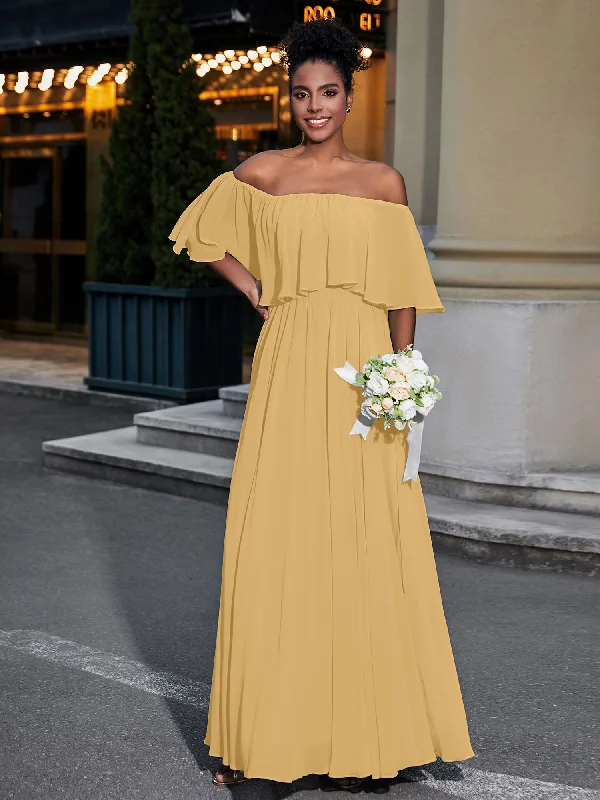 Off the Shoulder Ruffles Chiffon Maxi Dress-Gold Elegant Lace-Up Maxi Dress