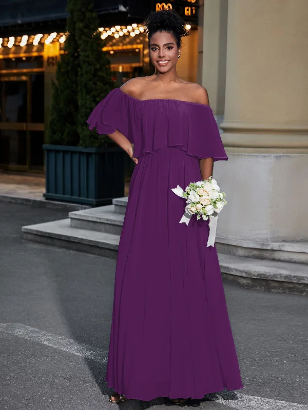 Off the Shoulder Ruffles Chiffon Maxi Dress-Grape Classic V-Neck Maxi Dress