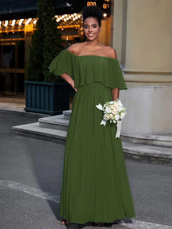 Off the Shoulder Ruffles Chiffon Maxi Dress-Moss Fashionable Button-Down Maxi Dress