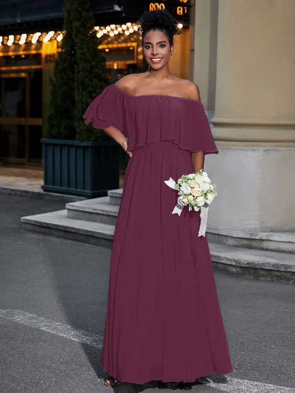 Off the Shoulder Ruffles Chiffon Maxi Dress-Mulberry Elegant Boho Maxi Dress