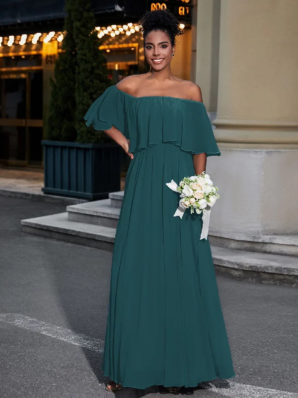 Off the Shoulder Ruffles Chiffon Maxi Dress-Peacock Stylish Pleated A-Line Maxi Dress