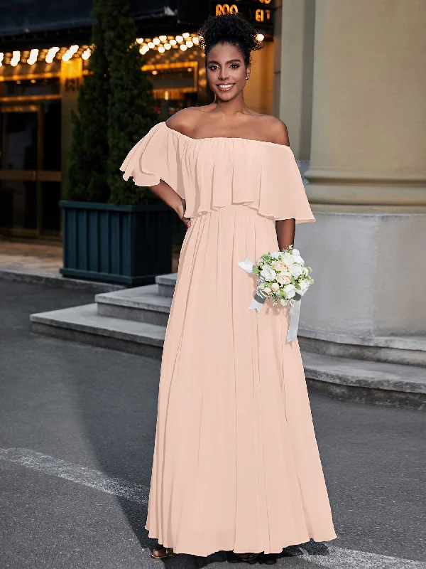 Off the Shoulder Ruffles Chiffon Maxi Dress-Pearl Pink Comfortable Pleated Maxi Dress