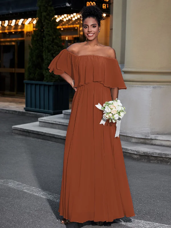 Off the Shoulder Ruffles Chiffon Maxi Dress-Rust Stylish Off-Shoulder Maxi Dress