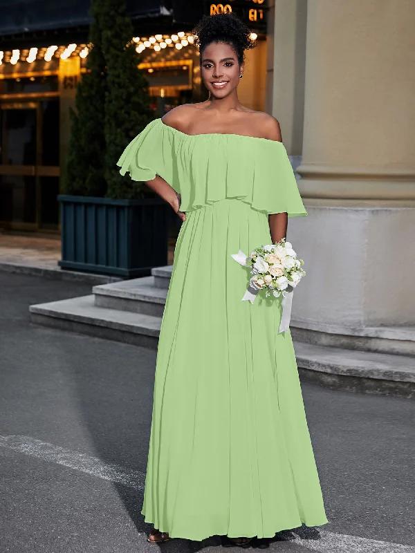 Off the Shoulder Ruffles Chiffon Maxi Dress-Sage Fashionable High-Waist Maxi Dress