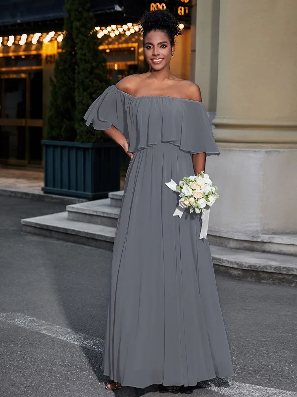 Off the Shoulder Ruffles Chiffon Maxi Dress-Steel Grey Elegant Sleeveless Maxi Dress