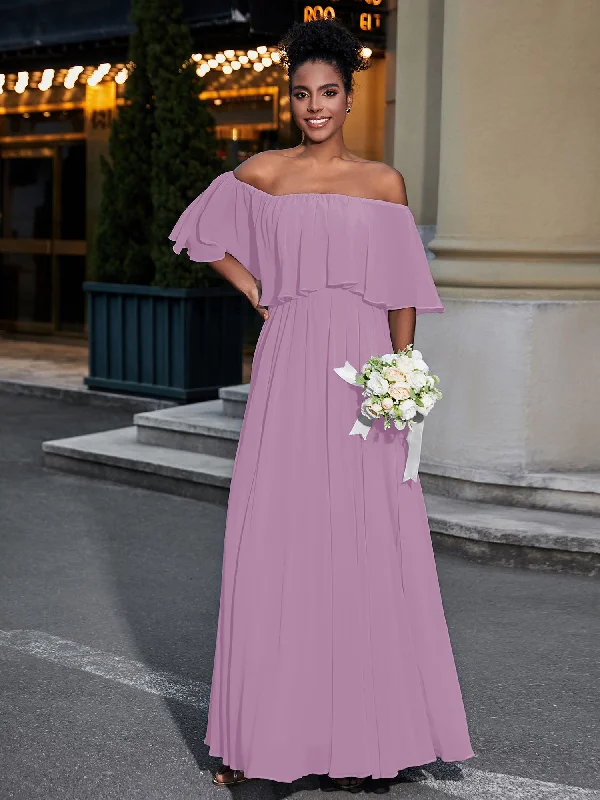 Off the Shoulder Ruffles Chiffon Maxi Dress-Wisteria Cozy Knitted Maxi Dress