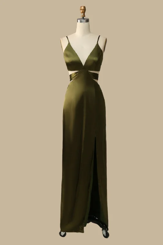 Olive Green V-Neck Cutout Maxi Dress with Spaghetti Straps Fashionable Open-Back Maxi Dress