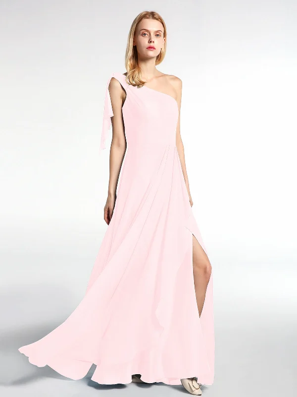 One Shoulder Chiffon Maxi Dress with Cascade-Blushing Pink Cozy Ruffle Sleeve Maxi Dress