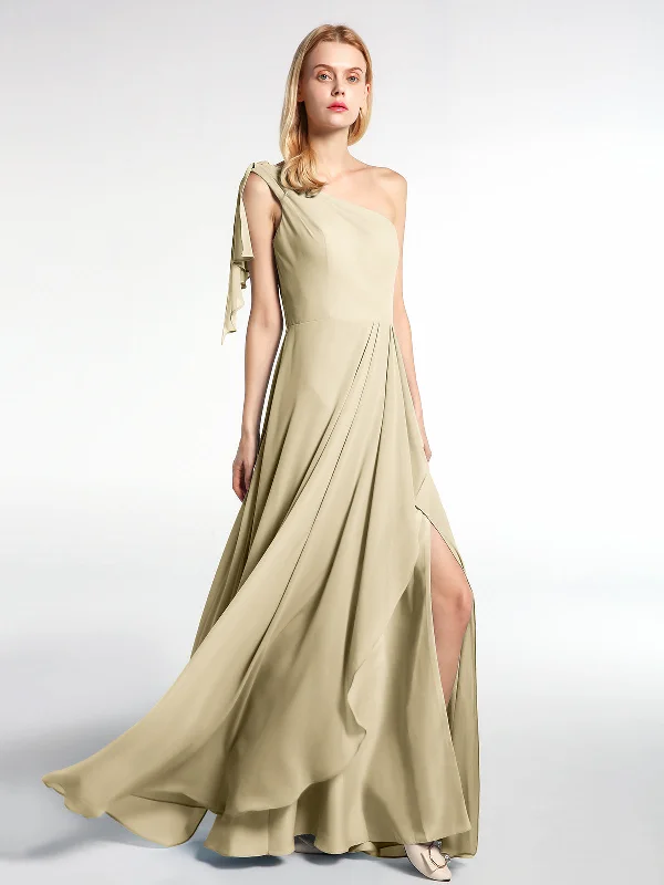 One Shoulder Chiffon Maxi Dress with Cascade-Champagne Stylish V-Neck Maxi Dress