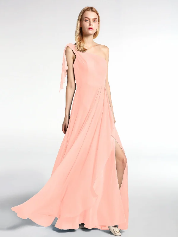 One Shoulder Chiffon Maxi Dress with Cascade-Coral Comfortable Satin Maxi Dress